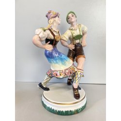 SCULTURA CERAMICA VINTAGE COPPIA BALLERINI TIROLESI BAVARESI DANZA BALLO '40/'50