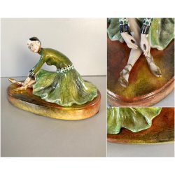 SCULTURA STATUINA CERAMICA BALLERINA ART DECO' FLAPPER COSTUME VERDE FIRMATA '30
