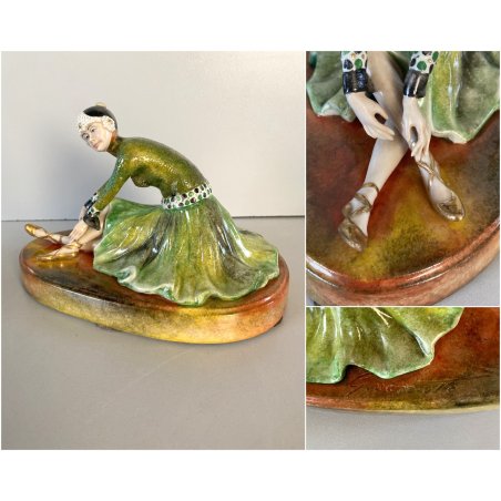 SCULTURA STATUINA CERAMICA BALLERINA ART DECO' FLAPPER COSTUME VERDE FIRMATA '30
