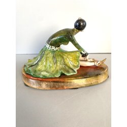 SCULTURA STATUINA CERAMICA BALLERINA ART DECO' FLAPPER COSTUME VERDE FIRMATA '30