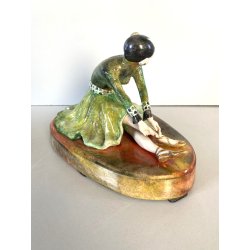 SCULTURA STATUINA CERAMICA BALLERINA ART DECO' FLAPPER COSTUME VERDE FIRMATA '30