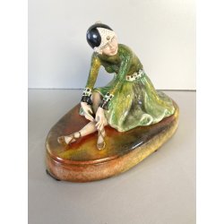 SCULTURA STATUINA CERAMICA BALLERINA ART DECO' FLAPPER COSTUME VERDE FIRMATA '30