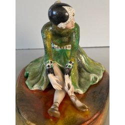 SCULTURA STATUINA CERAMICA BALLERINA ART DECO' FLAPPER COSTUME VERDE FIRMATA '30