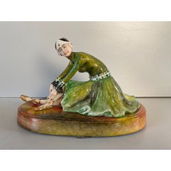 SCULTURA STATUINA CERAMICA BALLERINA ART DECO' FLAPPER COSTUME VERDE FIRMATA '30