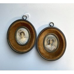 antica COPPIA MINIATURE ritratti femminili dipinti CORNICI OVALI nobili donne