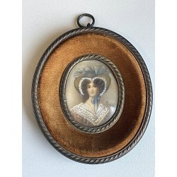 antica COPPIA MINIATURE ritratti femminili dipinti CORNICI OVALI nobili donne