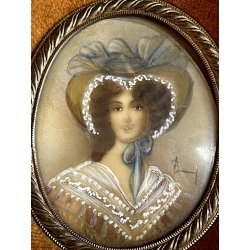 antica COPPIA MINIATURE ritratti femminili dipinti CORNICI OVALI nobili donne