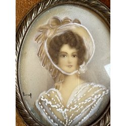 antica COPPIA MINIATURE ritratti femminili dipinti CORNICI OVALI nobili donne