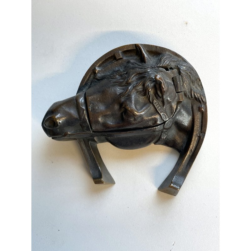 ANTICO CALAMAIO in BRONZO testa FERRO di cavallo FERMACARTE scrivania primi '900
