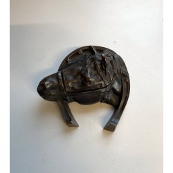 ANTICO CALAMAIO in BRONZO testa FERRO di cavallo FERMACARTE scrivania primi '900