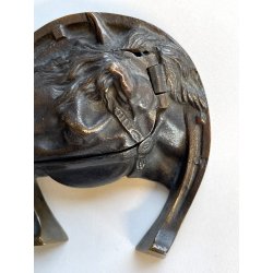ANTICO CALAMAIO in BRONZO testa FERRO di cavallo FERMACARTE scrivania primi '900