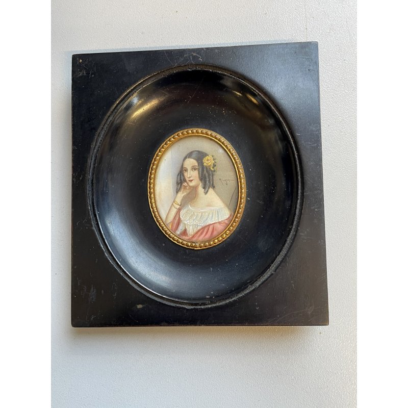 antica MINIATURA ritratto femminile CORNICE EBANIZZATA stile IMPERO dipinta FIRMA