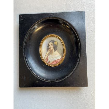 antica MINIATURA ritratto femminile CORNICE EBANIZZATA stile IMPERO dipinta FIRMA