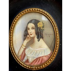 antica MINIATURA ritratto femminile CORNICE EBANIZZATA stile IMPERO dipinta FIRMA