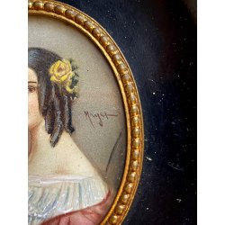 antica MINIATURA ritratto femminile CORNICE EBANIZZATA stile IMPERO dipinta FIRMA