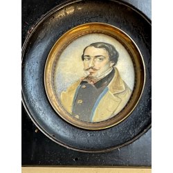 antica MINIATURA ritratto maschile CORNICE EBANIZZATA stile IMPERO dipinta 1800