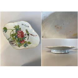 ANTICO PIATTINO LOBATO ALZATA PORCELLANA CINESE UCCELLINO RAMO PEONIA XIX sec