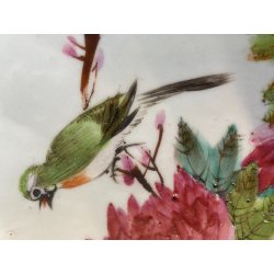 ANTICO PIATTINO LOBATO ALZATA PORCELLANA CINESE UCCELLINO RAMO PEONIA XIX sec