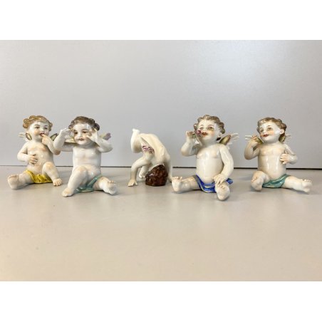 ALLEGORIA CINQUE SENSI PORCELLANA CAPODIMONTE FIGURE PUTTO CHERUBINI AMORINI '50