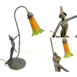 LAMPADA ABATJOUR OTTONE BRUNITO FIGURA DONNA PARALUME FLUTE STILE LIBERTY 48cm/h