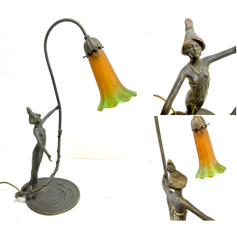 LAMPADA ABATJOUR OTTONE BRUNITO FIGURA DONNA PARALUME FLUTE STILE LIBERTY 48cm/h
