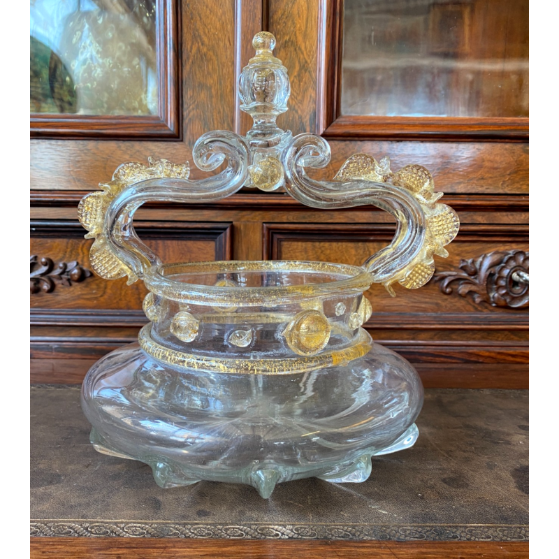VASO CESTINO VETRO SOFFIATO MURANO Barovier&Toso INCLUSIONI FOGLIA ORO ø20cm '50