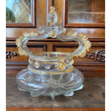 VASO CESTINO VETRO SOFFIATO MURANO Barovier&Toso INCLUSIONI FOGLIA ORO ø20cm '50