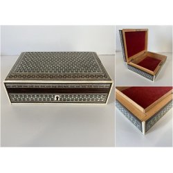 ANTICO COFANETTO SCRIGNO LEGNO SCATOLA PORTAGIOIE MICROINTARSIO STELLE '900