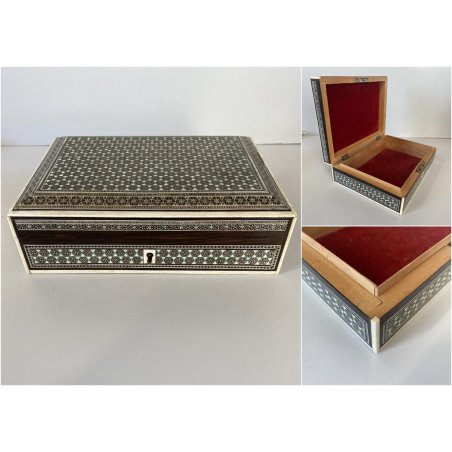 ANTICO COFANETTO SCRIGNO LEGNO SCATOLA PORTAGIOIE MICROINTARSIO STELLE '900