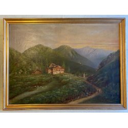 GRANDE DIPINTO OLIO PAESAGGIO MONTANO FIGURE ALPEGGIO BAITA RUSCELLO FIRMATO '30