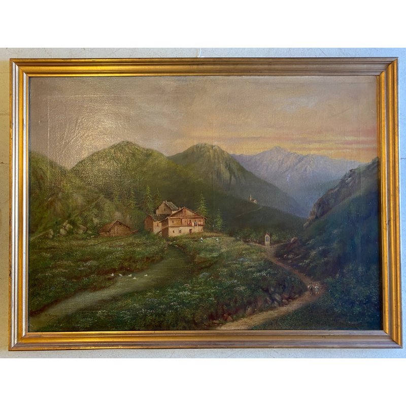 GRANDE DIPINTO OLIO PAESAGGIO MONTANO FIGURE ALPEGGIO BAITA RUSCELLO FIRMATO '30
