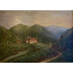 GRANDE DIPINTO OLIO PAESAGGIO MONTANO FIGURE ALPEGGIO BAITA RUSCELLO FIRMATO '30