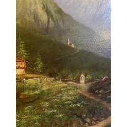 GRANDE DIPINTO OLIO PAESAGGIO MONTANO FIGURE ALPEGGIO BAITA RUSCELLO FIRMATO '30