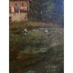 GRANDE DIPINTO OLIO PAESAGGIO MONTANO FIGURE ALPEGGIO BAITA RUSCELLO FIRMATO '30