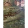 GRANDE DIPINTO OLIO PAESAGGIO MONTANO FIGURE ALPEGGIO BAITA RUSCELLO FIRMATO '30