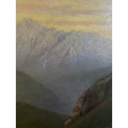 GRANDE DIPINTO OLIO PAESAGGIO MONTANO FIGURE ALPEGGIO BAITA RUSCELLO FIRMATO '30