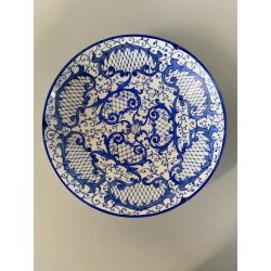 ANTICO PIATTO PARETE CERAMICA DECORO GIRALI E VOLUTE BLU COBALTO SU BIANCO ø17cm