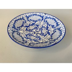 ANTICO PIATTO PARETE CERAMICA DECORO GIRALI E VOLUTE BLU COBALTO SU BIANCO ø17cm