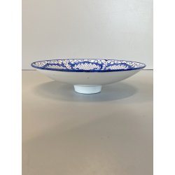 ANTICO PIATTO PARETE CERAMICA DECORO GIRALI E VOLUTE BLU COBALTO SU BIANCO ø17cm