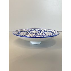 ANTICO PIATTO PARETE CERAMICA DECORO GIRALI E VOLUTE BLU COBALTO SU BIANCO ø17cm