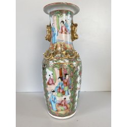 VASO PORCELLANA CINESE FAMILLE ROSE DECORO POLICROMO ISTORIATO PEONIE UCCELLI