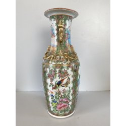 VASO PORCELLANA CINESE FAMILLE ROSE DECORO POLICROMO ISTORIATO PEONIE UCCELLI