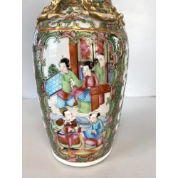 VASO PORCELLANA CINESE FAMILLE ROSE DECORO POLICROMO ISTORIATO PEONIE UCCELLI