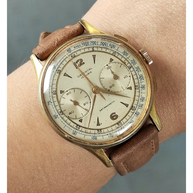 ANTICO OROLOGIO POLSO Oriental Chrono LANDERON lamin ORO anni 50 OLD WRIST WATCH