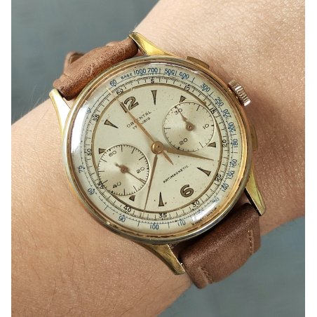 ANTICO OROLOGIO POLSO Oriental Chrono LANDERON lamin ORO anni 50 OLD WRIST WATCH