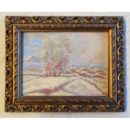 ANTICO PICCOLO DIPINTO OLIO U. Guerazzai PAESAGGIO INVERNALE POT-IMPRESSIONISTA