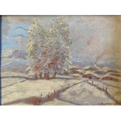 ANTICO PICCOLO DIPINTO OLIO U. Guerazzai PAESAGGIO INVERNALE POT-IMPRESSIONISTA