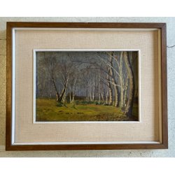 ANTICO QUADRO DIPINTO OLIO TAVOLA PAESAGGIO BOSCHIVO AUTUNNALE BOSCO BETULLE 900