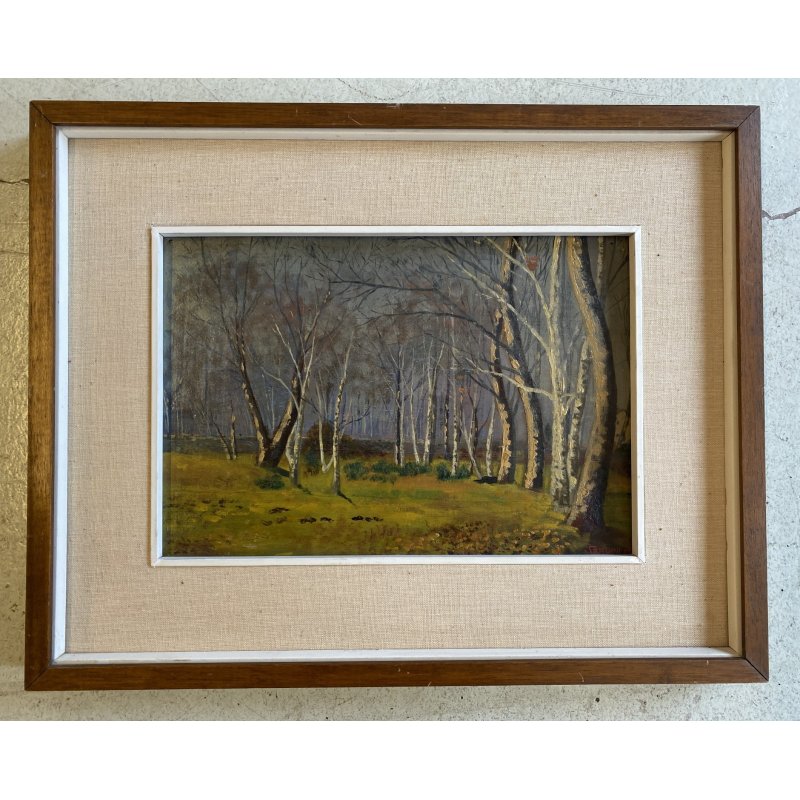 ANTICO QUADRO DIPINTO OLIO TAVOLA PAESAGGIO BOSCHIVO AUTUNNALE BOSCO BETULLE 900