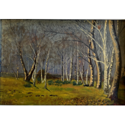 ANTICO QUADRO DIPINTO OLIO TAVOLA PAESAGGIO BOSCHIVO AUTUNNALE BOSCO BETULLE 900